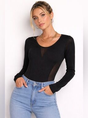 Black Mesh Panel Bodysuit Long Sleeve Sheer V Neck Fitted XL